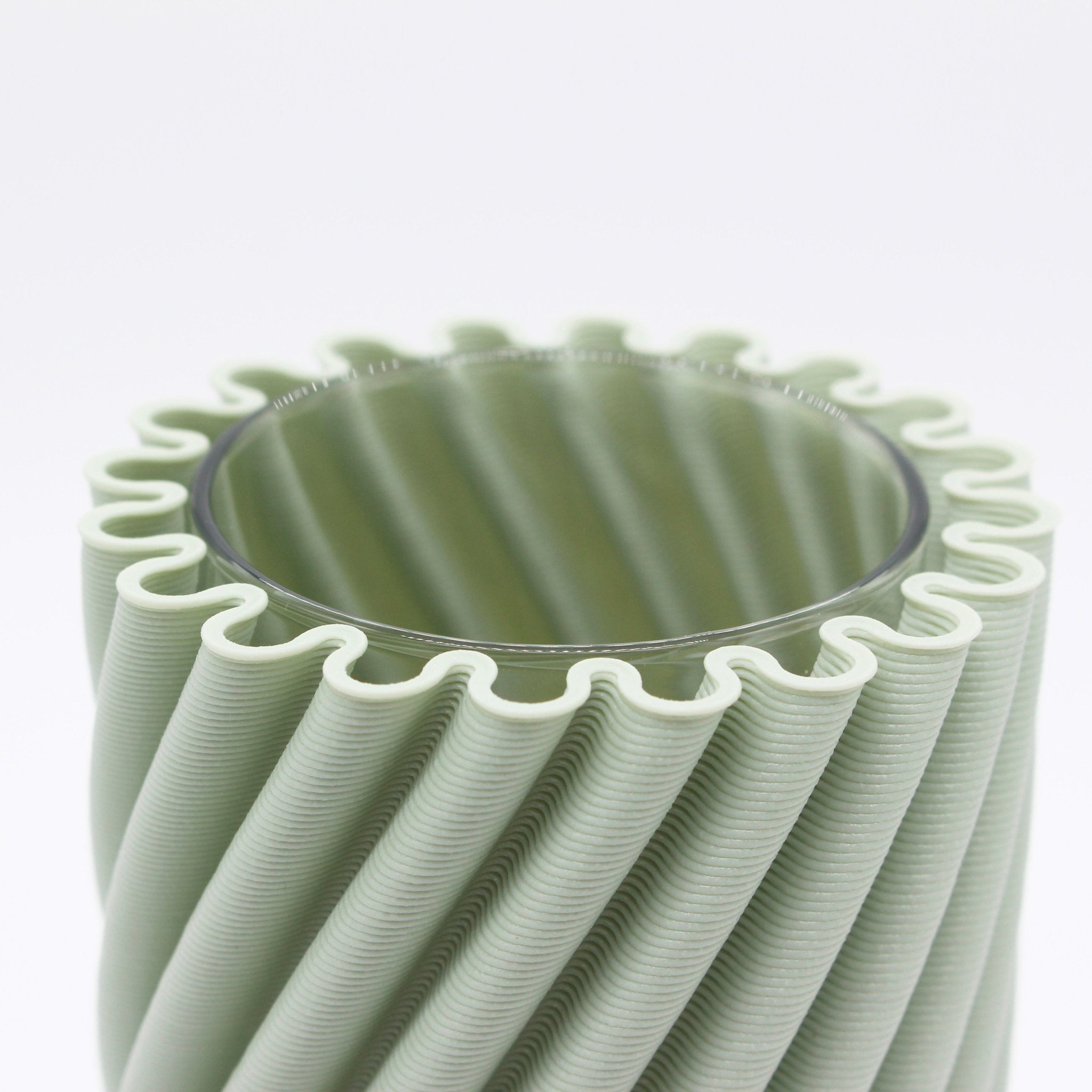 Strofi Vase Sage close-up, 3D Printed Recycled Plastic, Deme Design #color_sage